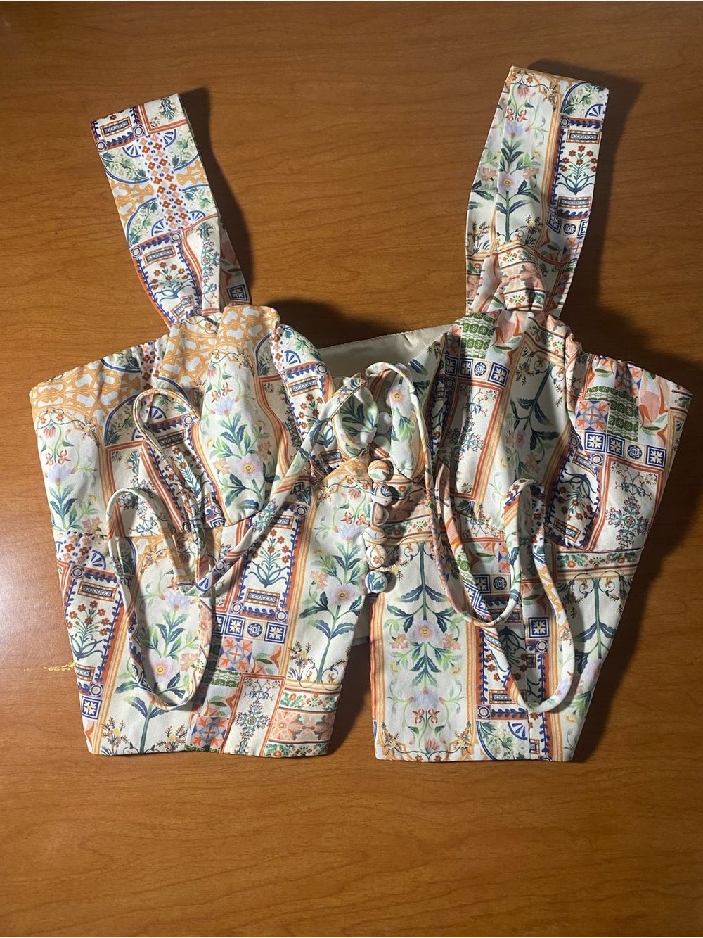 Floral Patchwork Tie-Front Crop Top — White & Peach